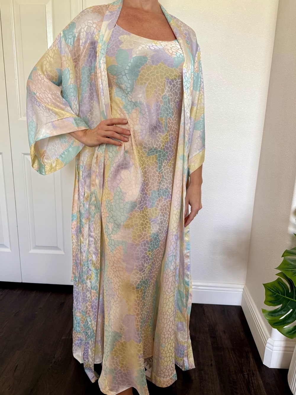 Vintage Georgette Trabolsi Maxi Slip Robe Set Coquette Cottagecore L - Picture 4 of 16